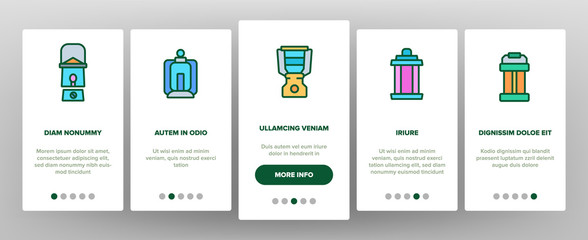 Lantern Equipment Onboarding Icons Set Vector. Vintage And Ancient Lantern, Kerosene Lamp And With Candle, Lighting Device Illustrations