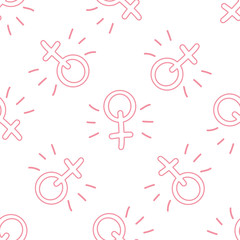 Seamless pattern with female gender sign, venus icon, symbol of feminism and woman.  Outline. Vector stock illustration.