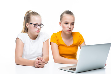 Kids Educational Concepts. Two Caucasian Teenager Twins With Laptop Against White, Demonstrating...
