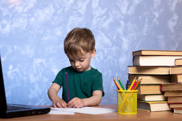 a small child holds a pencil in his hand. Sits at a table with a laptop and books. home lessons.