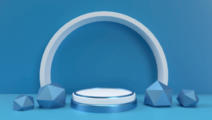 3d Rendering Of Abstract Geometric  Background, Scene, Podium, Stage, And Display Mockup. Blue And White Color.