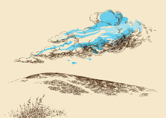 Nature wallpaper, clouds on the top of the hill vector hand drawing © Danussa