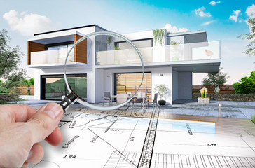 Esquisse 3D d'une maison moderne d'architecte avec concept audit et savoir-faire