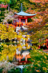 Japanese Heritage. Serene Famous Daigo-ji Temple During Beautiful Red Maples Autumn Season at Kyoto City in Japan.