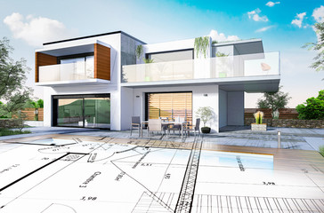 Esquisse 3D d'une maison moderne d'architecte avec plan de conception