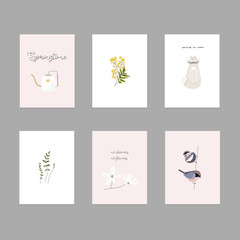 cute spring postcards with hand drawn springtime elements