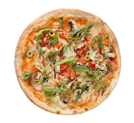 pizza with cheese, tomato, mushrooms, olives and arugula salad isolated over white background. Top view