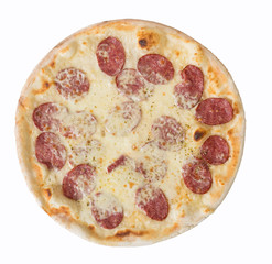 pizza with cheese, sausage and cream sauce isolated over white background. Top view