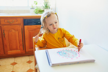 little girl drawing coronavirus with colorful aquarelle paints