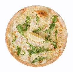 pizza with cheese, shrimp, lemon, arugula salad and cream sauce isolated over white background. Top view