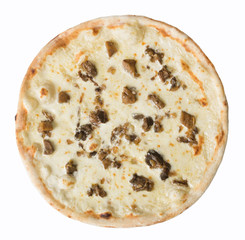 pizza with cheese, mushrooms and cream sauce isolated over white background. Top view