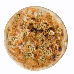 Italian focaccia bread with olives isolated over white background. Top view