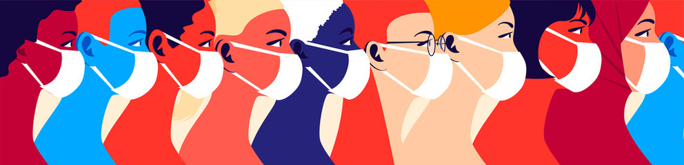 Multicultural group of people wearing medical masks to prevent disease. International corona virus protection and epidemic prevention vector illustration. Global self-isolation and quarantine poster.