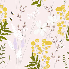 Spring garden seamless pattern with hand drawn springtime florals