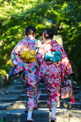 Asian Destination. Two Young Female Geishas in Traditional Japanese Floral Silk Kimono Going Uphill...