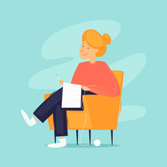 Woman sits in a chair knits, self-isolation. Flat design vector illustration.