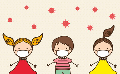 Girls and boy kids with masks against 2019 ncov virus vector design