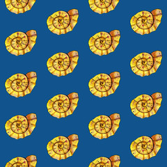 Seamless pattern. Hand paint watercolor yellow seashell on classic blue background. Marine pattern.