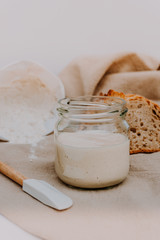 Active sourdough for homemade bread. Wheat and rye bio-wholemeal bread with leaven. Real and organic food concept. Homemade Bread. Ecologic.
