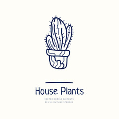 Cute hand drawn house plants in pots in doodle cartoon style isolated on white background.  Quarantine positive doodle icons, home elements.