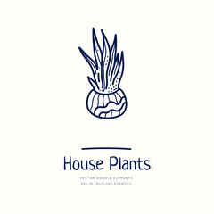 Cute hand drawn house plants in pots in doodle cartoon style isolated on white background.  Quarantine positive doodle icons, home elements.