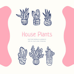 Cute hand drawn house plants in pots in doodle cartoon style isolated on white background.  Quarantine positive doodle icons, home elements.