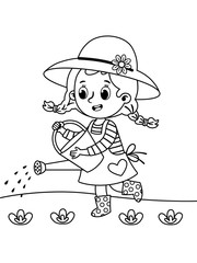 Little gardener watering vegetables. Vector illustration of a coloring page.