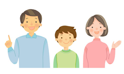 案内・解説をする家族3人のイラスト（シームレス）