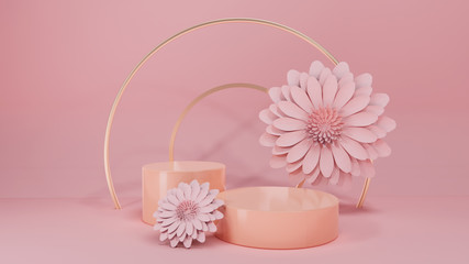 cosmetics circle stand and flower in pastel background,3d rendering design