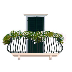 Arched window with balcony, houseplant decor and ornate handrail isolated on white background. Exterior view of window facade with plant - flat vector illustration