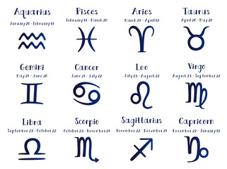 Set 12 cute zodiacal constellations. Collection of 12 zodiac signs with titles and dates. Aries, Taurus, Leo, Gemini, Virgo, Scorpio, Libra, Aquarius, Sagittarius, Pi