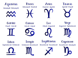 Set of 12 cute vector zodiacal constellations. Collection of 12 zodiac signs with titles and dates. Aries, Taurus, Leo, Gemini, Virgo, Scorpio, Libra, Aquarius, Sagittarius, Pisces, Capricorn,Cancer.
