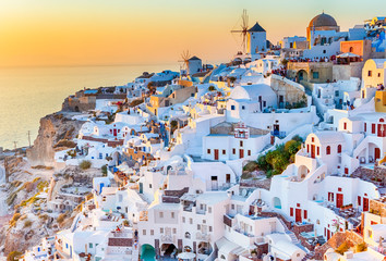 Picturesque View of Oya or Ia Village on Santorini Island In Greece During Marvelous Golden Hour.