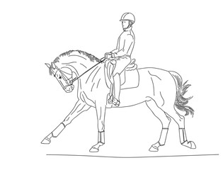 Young rider man in helmet on a dressage horse