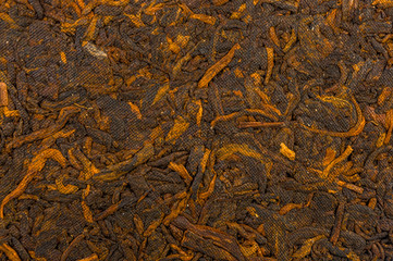 Chinese pressed PU-erh tea on wrapping paper, close-up, macro