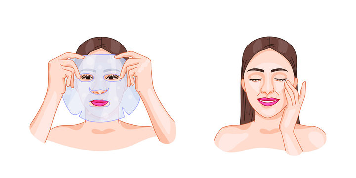 Beautiful Woman Applying Facial Korean Beauty Sheet Mask To Nourish Moisturize Red Rid Of Wrinkles, Dry Skin, Black Heads Dark Spots Acne. Anti-age Spa Procedure. Isolated Vector Illustration On White