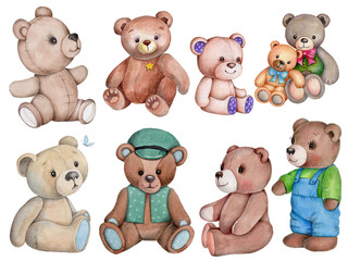 Set of watercolor illustrations teddy bears. hand drawn, isolated.