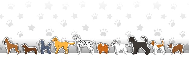 Header with cartoon dogs on light background with stars and paws. Horizontal vector illustration.