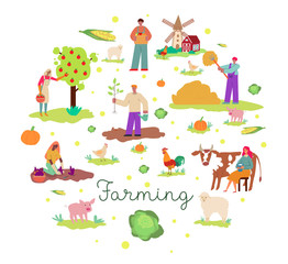 Farming poster with cartoon farm animals and farmer people working