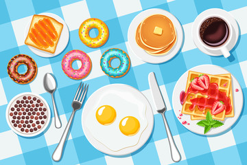 Breakfast.  Coffee, scrambled eggs, milk with chocolate cereal balls, strawberry waffles, toast with jam, pancakes and  donuts. vector illustration