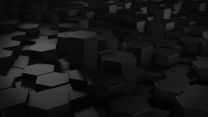 3D rendering of abstract hexagonal geometric black surfaces in virtual space