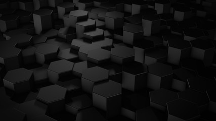 3D rendering of abstract hexagonal geometric black surfaces in virtual space