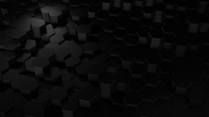 3D rendering of abstract hexagonal geometric black surfaces in virtual space