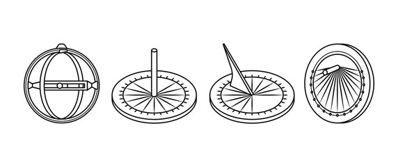 Set of outline old sundial icons. Line style. Ancient sundial vector illustration for web design isolated on white background. - obrazy, fototapety, plakaty