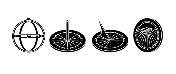 Set of black old sundial icons. Ancient clock vector silhouette for web design isolated on white background.