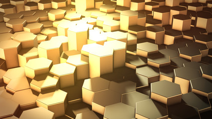 3D rendering of abstract hexagonal geometric golden surfaces in virtual space