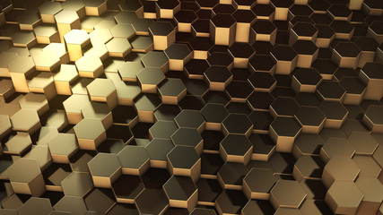 3D rendering of abstract hexagonal geometric golden surfaces in virtual space