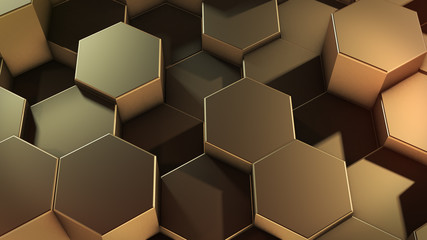 3D rendering of abstract hexagonal geometric golden surfaces in virtual space