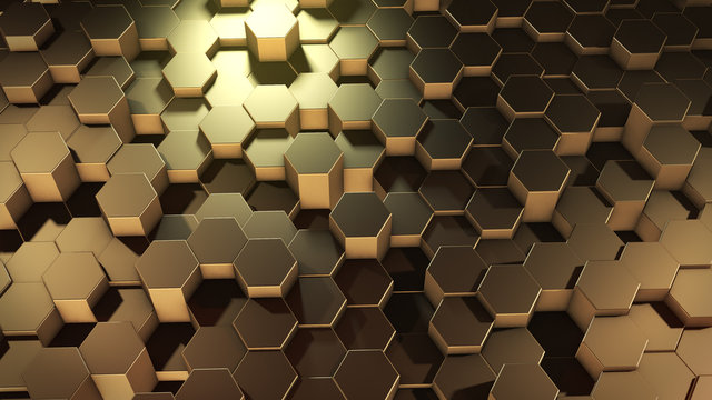 3D rendering of abstract hexagonal geometric golden surfaces in virtual space © Vitaly