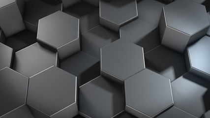 3D rendering of abstract hexagonal geometric metallic surfaces in virtual space